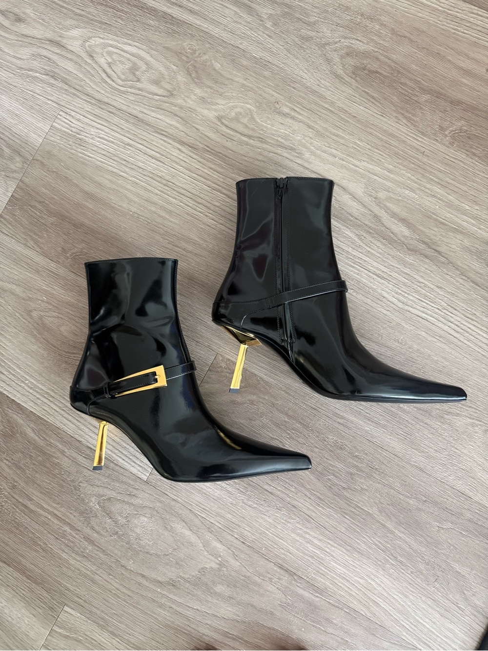 Yves Saint Laurent Black Patent Pointed Ankle Boots with Gold Heel Detail